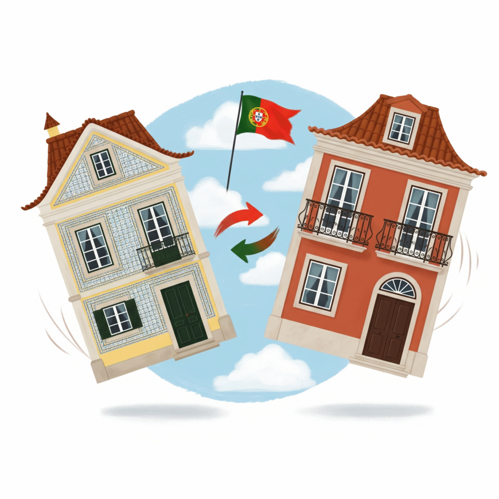Ilustração de duas casas típicas portuguesas a serem trocadas, simbolizando o conceito de permuta de imóveis em Portugal, com setas a indicar a troca e uma bandeira portuguesa ao fundo