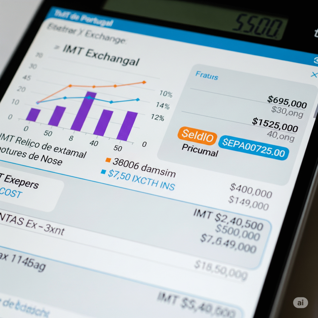 Ecrã de uma calculadora a mostrar o cálculo do Imposto Municipal sobre as Transmissões Onerosas de Imóveis (IMT) para uma permuta de imóveis em Portugal, com gráficos e números fiscais.