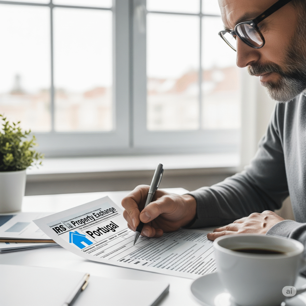 Pessoa a preencher o formulário do IRS em Portugal, com um ícone de casa e a indicação 'Portugal', representando a declaração de permuta de imóveis no Imposto sobre o Rendimento das Pessoas Singulares.