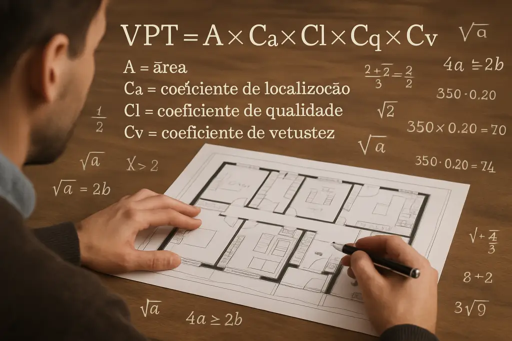 O cálculo do Valor Patrimonial Tributário (VPT) envolve diversos coeficientes, como área, localização, qualidade e vetustez, que determinam o valor fiscal do imóvel.